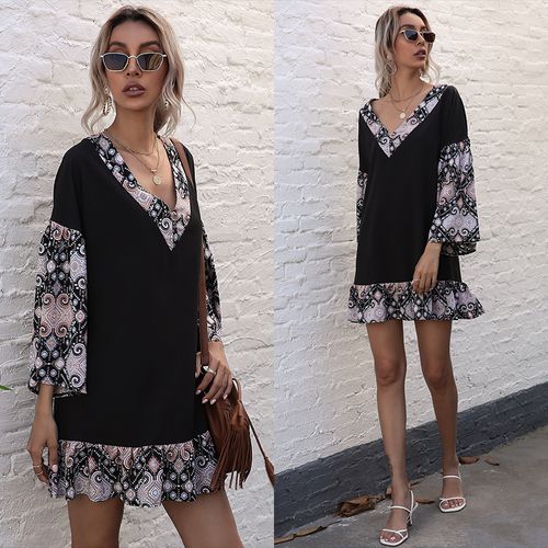 Tinted Printed Chiffon Spring Summer Loose Vskirt Collar Women Dresses