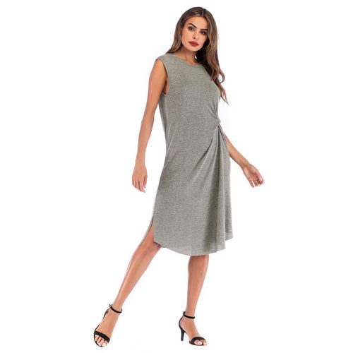 Solid Color Simple Twist Medium Length Skirt Pleated Irregular Vest Women Dresses