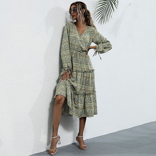 Women Chiffon Floral Round Neck Long Sleeved Dress