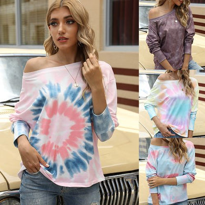 Women Tie-dye Gradient Off-the-shoulder T-shirt Long Sleeved Top