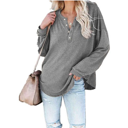 Women Solid Color Half-open Buckle V-neck Long Sleeved T-shirt