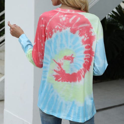 Womens Gradient Long Sleeve Tie Dyed T Shirt Top Round Neck Sweater