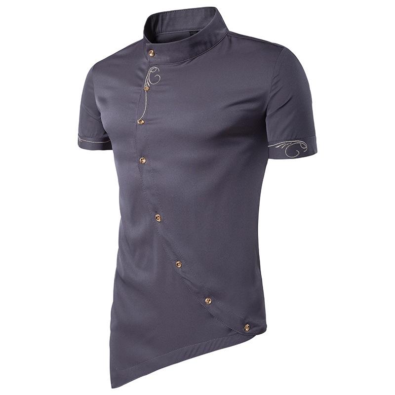 Men's Hollow Out Personality Helical Placket Pointed Hem Tuxedo Short Sleeves Stand-Up Collar Shirts