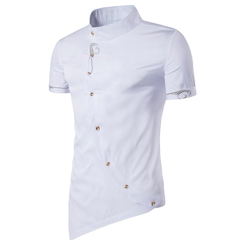 Men's Hollow Out Personality Helical Placket Pointed Hem Tuxedo Short Sleeves Stand-Up Collar Shirts