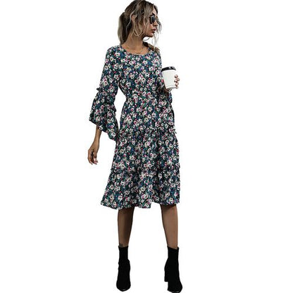 Women Chiffon Floral Round Neck Long Sleeved Dress