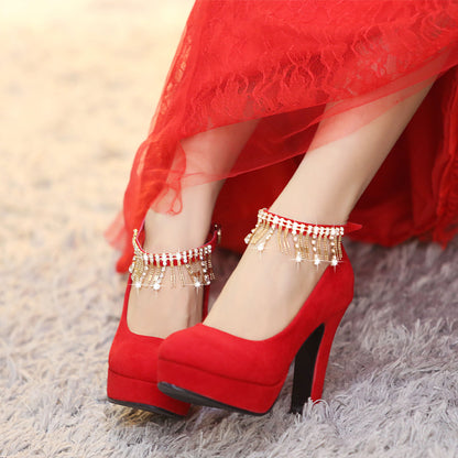 Black Women Platform Pumps Rhinestone Tassel Ankle Straps High Heels Stiletto Heel Wedding Shoes Woman