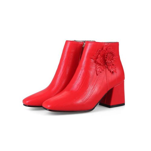 Pointed Toe Flower Women High Heels Chunky Short Boots