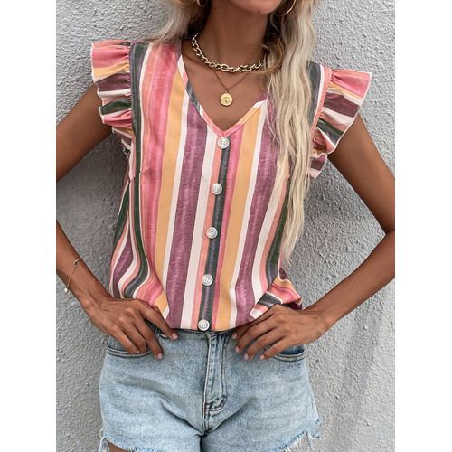 Womens V-neck Rainbow Stripe Top Shirt