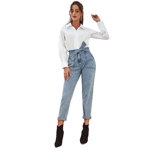 Denim Snowflake Belt Long High Waist Cropped Casual Long Women Jeans