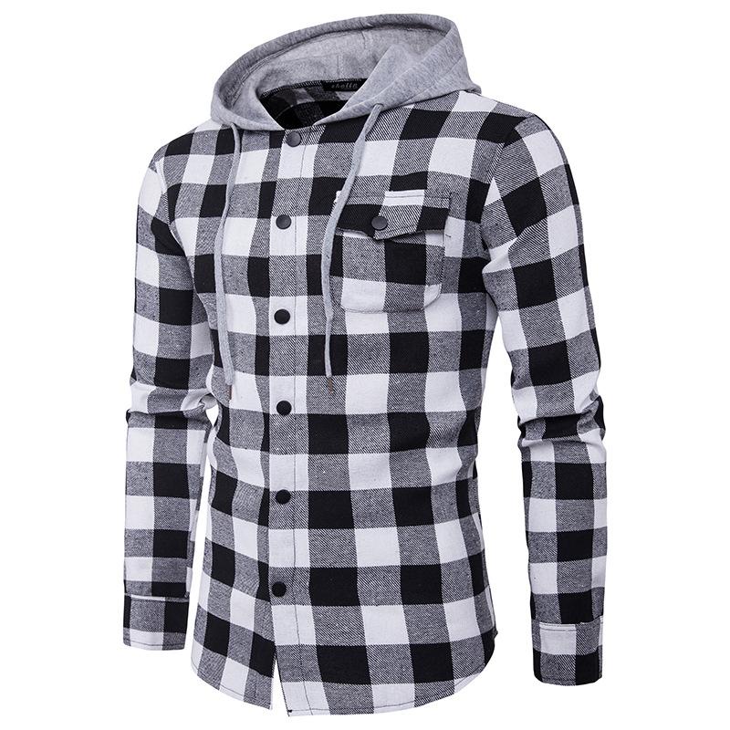 Men's Specialty Plaid Fashion Hooded Chest Pocket Decor Casual Hooded Cowboy Shirts