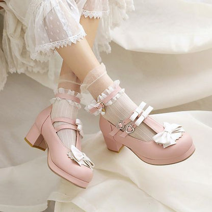 Women Chunky Heel Pumps T Straps Shoes with Bowtie