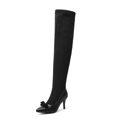 Women Pointed Toe Bow Tie High Heel Tall Boots