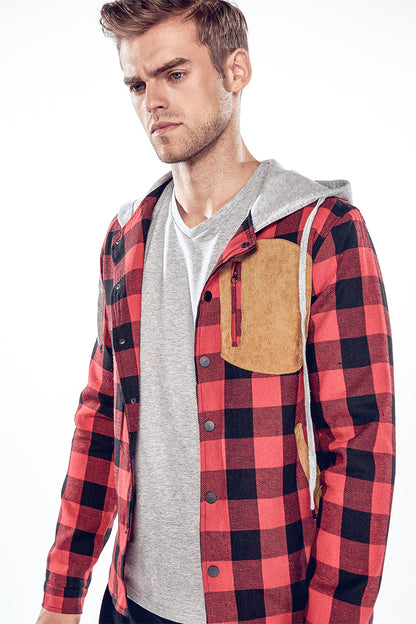 Men's Plaid Suede Pocket Casual Hooded Jackets