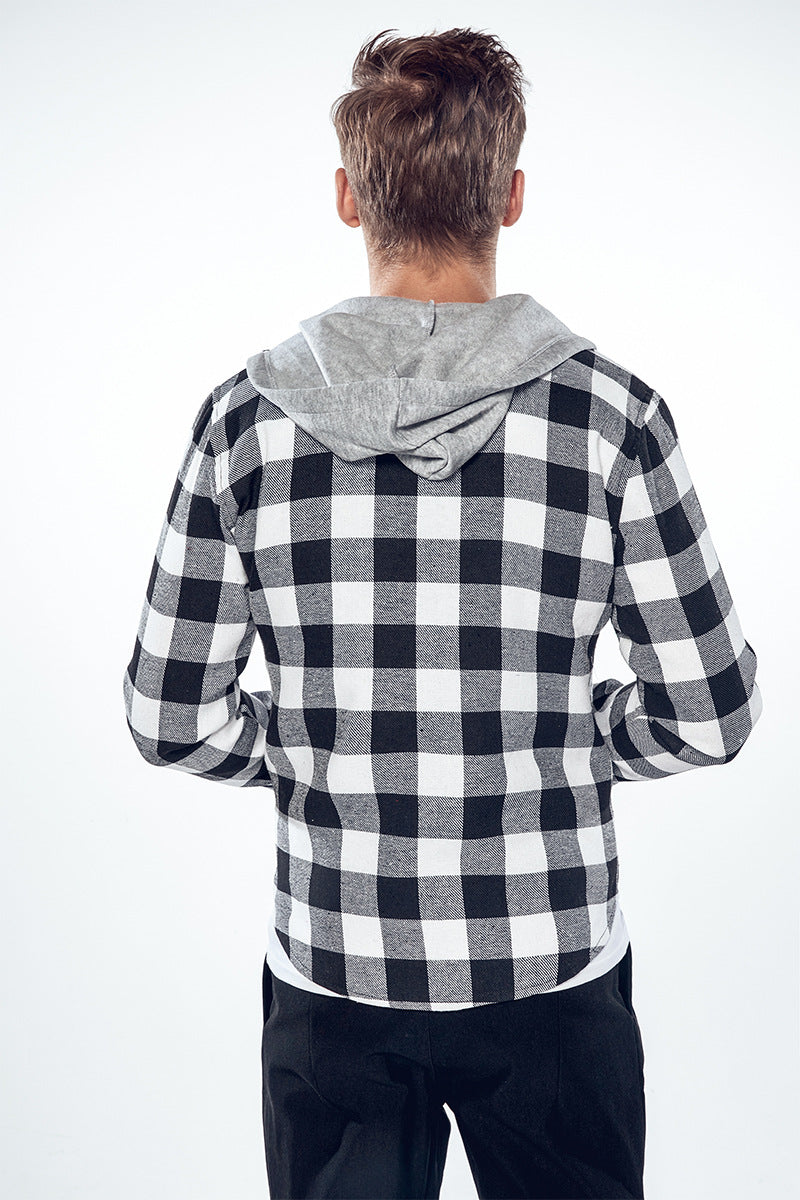 Men's Plaid Suede Pocket Casual Hooded Jackets