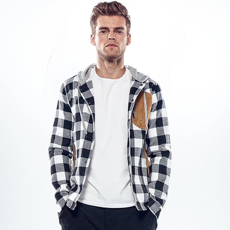 Men's Plaid Suede Pocket Casual Hooded Jackets