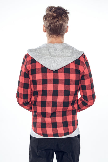 Men's Plaid Suede Pocket Casual Hooded Jackets