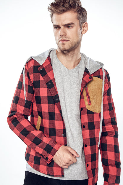 Men's Plaid Suede Pocket Casual Hooded Jackets