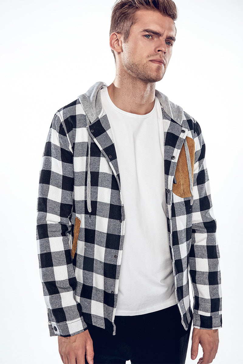 Men's Plaid Suede Pocket Casual Hooded Jackets