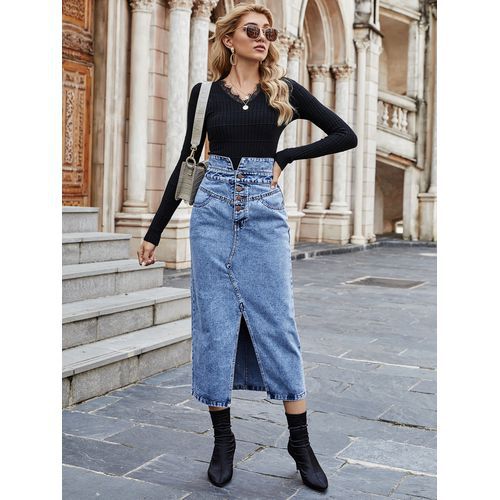 Ins Fashion High Waist Button Slit Denim Women Skirts