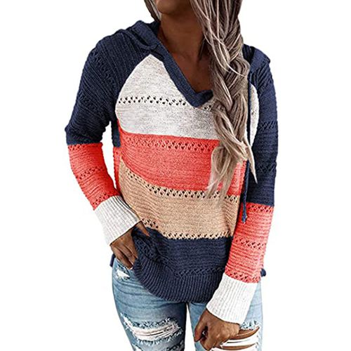 Women Long Sleeved  Hollow Out Contrast Color Knitted Sweater Hoodie