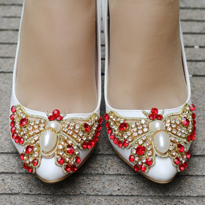 Women Pearls Colorful Rhinestone Butterfly Stiletto Heel Pumps Wedding Shoes