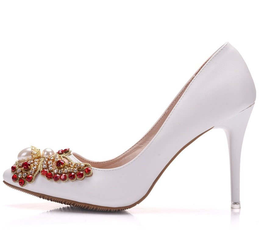 Women Pearls Colorful Rhinestone Butterfly Stiletto Heel Pumps Wedding Shoes