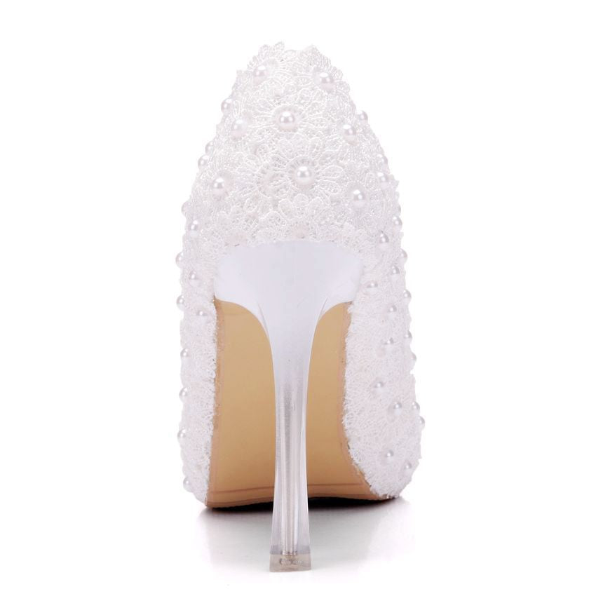 Women Pointed Toe Lace Crystal Stiletto Heel Wedding Pumps