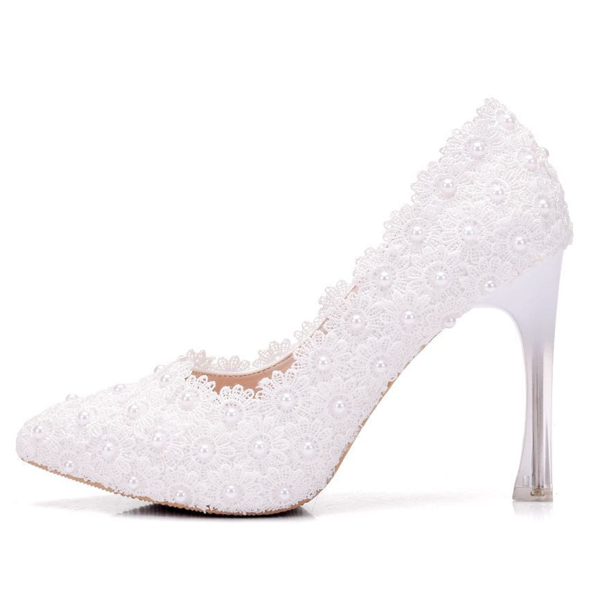 Women Pointed Toe Lace Crystal Stiletto Heel Wedding Pumps