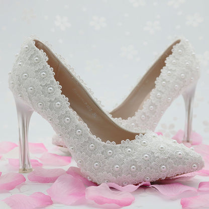 Women Pointed Toe Lace Crystal Stiletto Heel Wedding Pumps