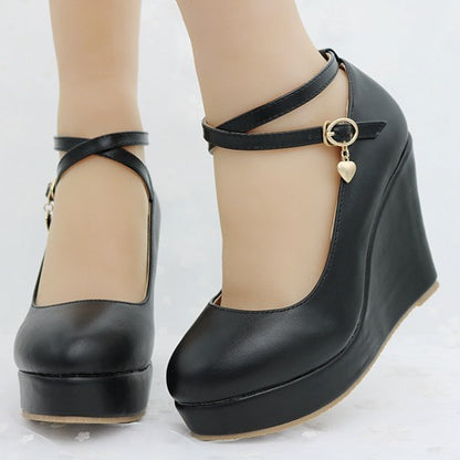 Women Round Toe Crossed Ankle Strap Straps Wedge Heel Platform Pumps