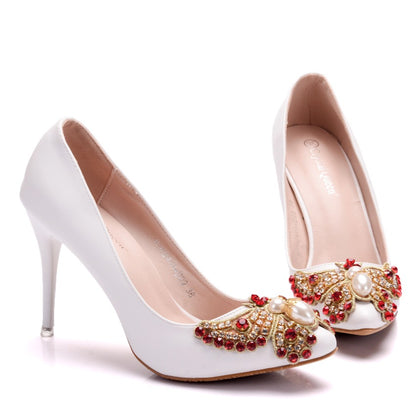 Women Pearls Colorful Rhinestone Butterfly Stiletto Heel Pumps Wedding Shoes