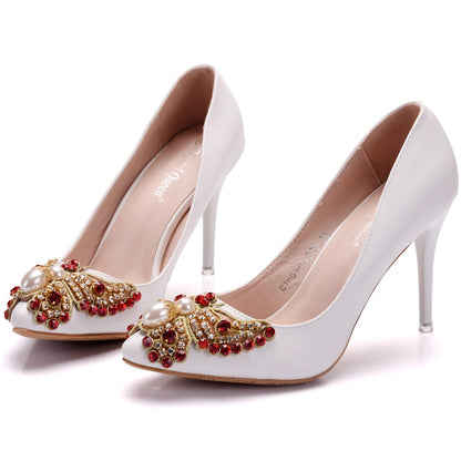 Women Pearls Colorful Rhinestone Butterfly Stiletto Heel Pumps Wedding Shoes