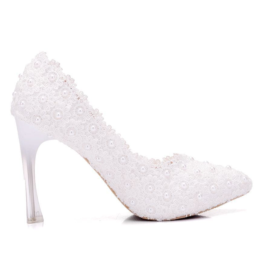 Women Pointed Toe Lace Crystal Stiletto Heel Wedding Pumps