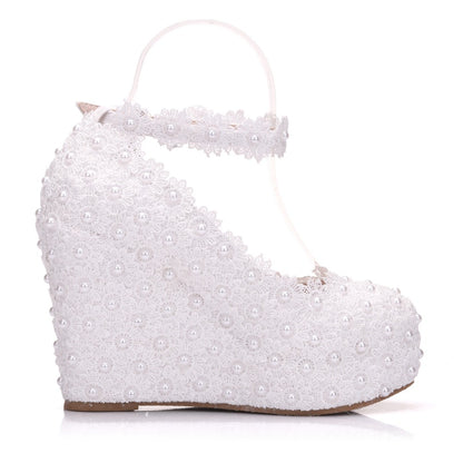 Women Round Toe Lace Wedding Ankle Strap Wedge Heel Platform Pumps