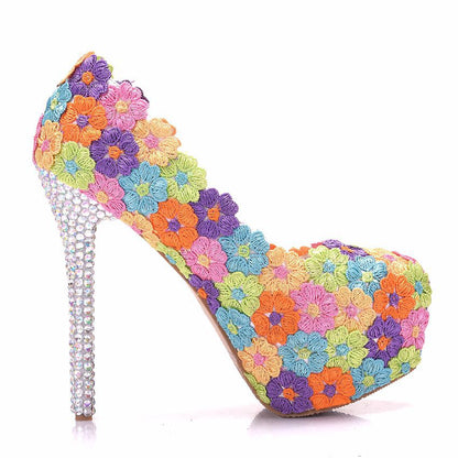 Women Round Toe Colorful Lace Bridal Stiletto Heel Platform Pumps Wedding Shoes