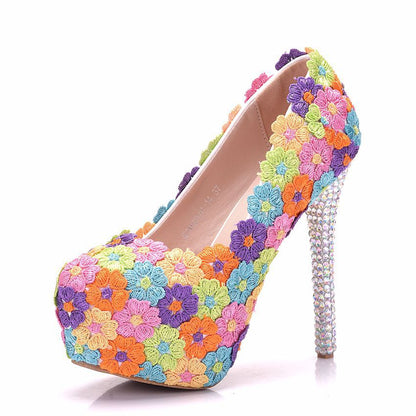 Women Round Toe Colorful Lace Bridal Stiletto Heel Platform Pumps Wedding Shoes