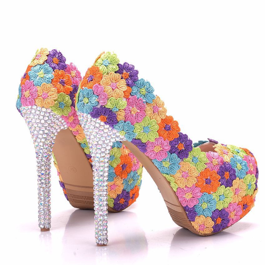 Women Round Toe Colorful Lace Bridal Stiletto Heel Platform Pumps Wedding Shoes