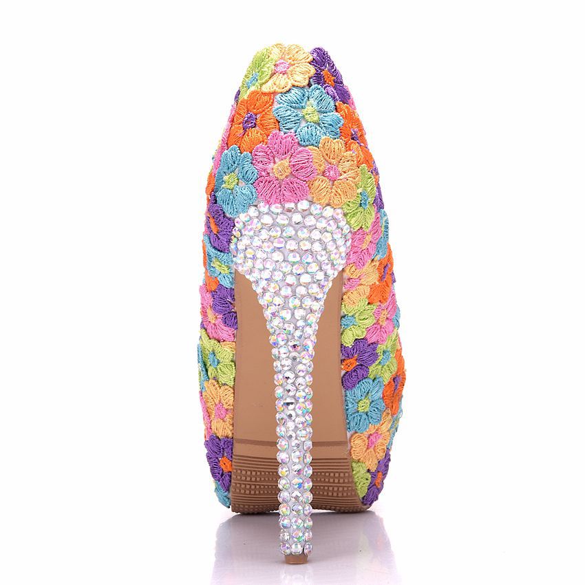 Women Round Toe Colorful Lace Bridal Stiletto Heel Platform Pumps Wedding Shoes