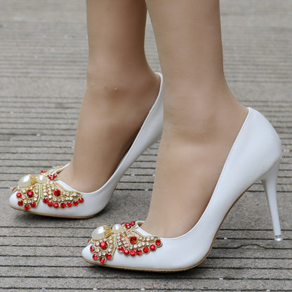 Women Pearls Colorful Rhinestone Butterfly Stiletto Heel Pumps Wedding Shoes