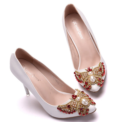 Women Pearls Colorful Rhinestone Butterfly Stiletto Heel Pumps Wedding Shoes