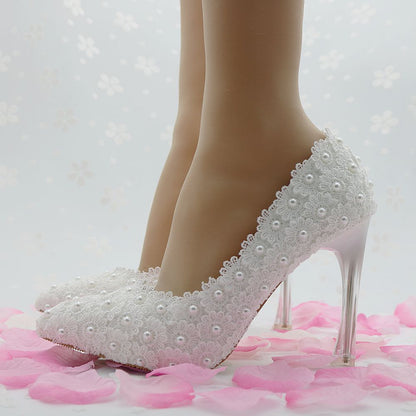 Women Pointed Toe Lace Crystal Stiletto Heel Wedding Pumps