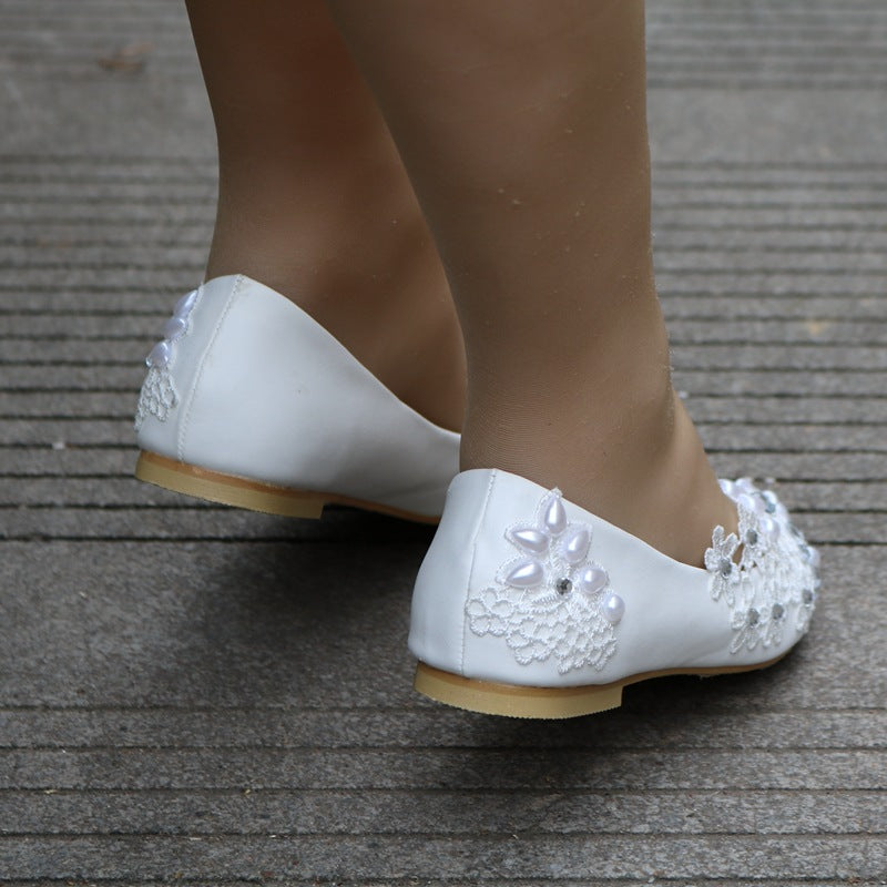 Women Pointed Toe Shallow Lace Bridal Wedding Shoes Rhinestone Pearls Flats