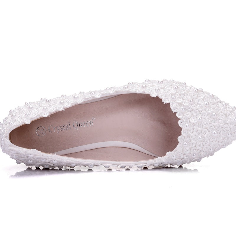 Women Pointed Toe Shallow Wedding Lace Flora Pearls Flats