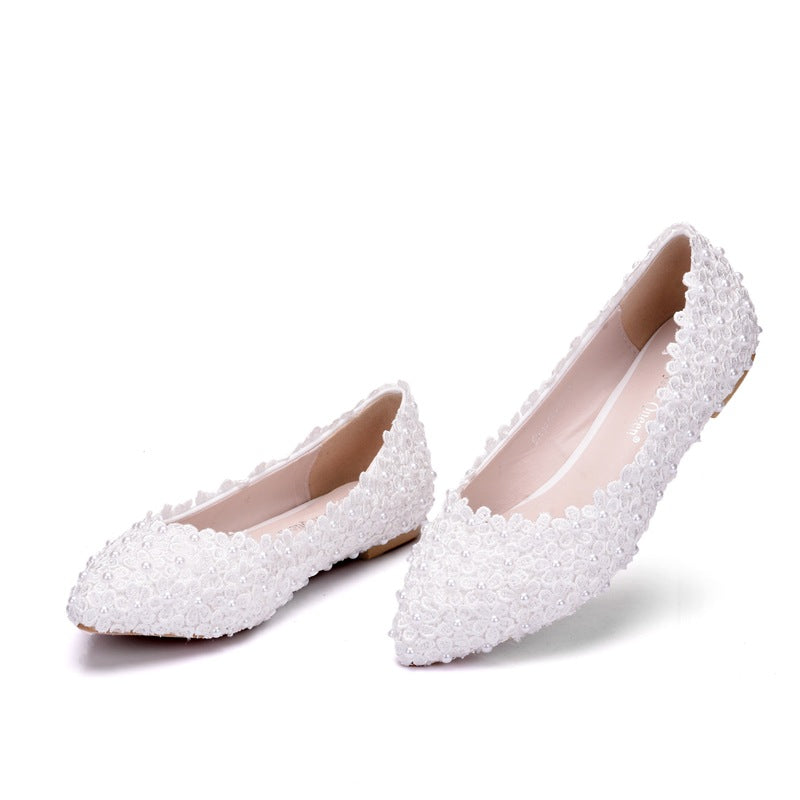 Women Pointed Toe Shallow Wedding Lace Flora Pearls Flats
