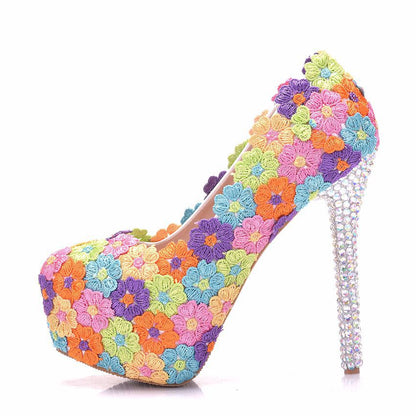 Women Round Toe Colorful Lace Bridal Stiletto Heel Platform Pumps Wedding Shoes