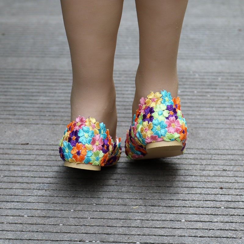 Women Pointed Toe Shallow Colorful Lace Flora Bridal Wedding Flat Shoes
