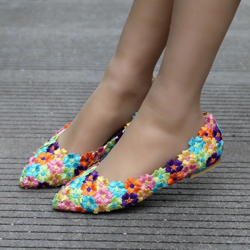 Women Pointed Toe Shallow Colorful Lace Flora Bridal Wedding Flat Shoes