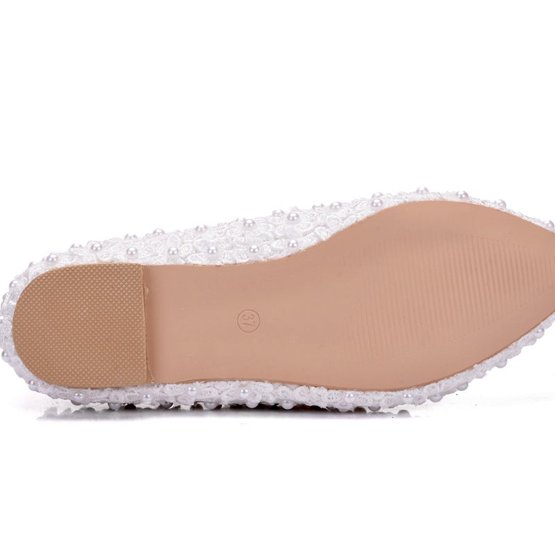 Women Pointed Toe Shallow Wedding Lace Flora Pearls Flats