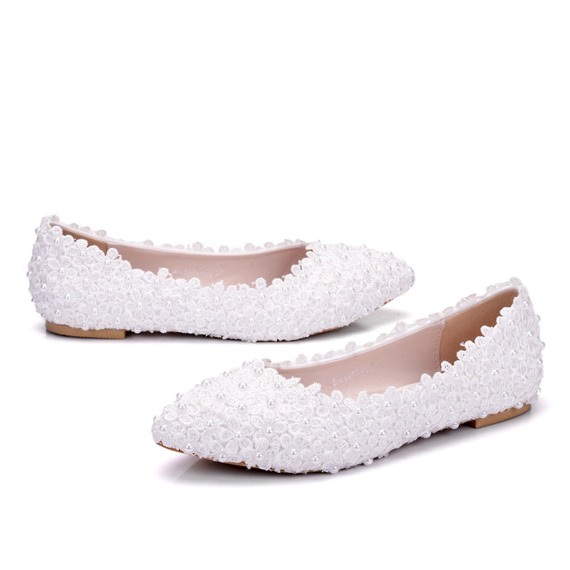 Women Pointed Toe Shallow Wedding Lace Flora Pearls Flats