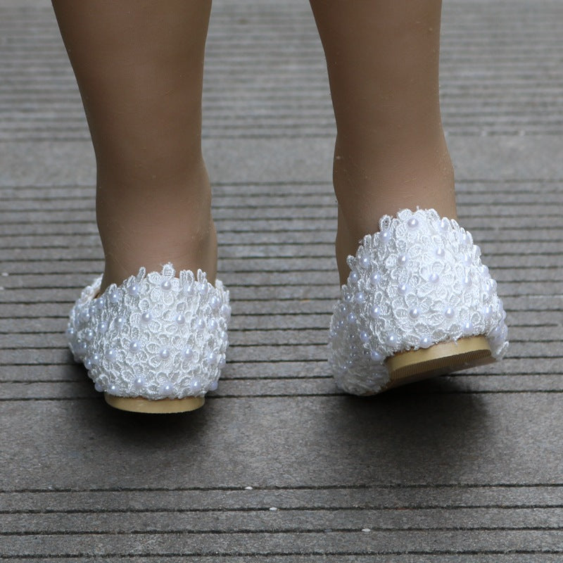 Women Pointed Toe Shallow Wedding Lace Flora Pearls Flats